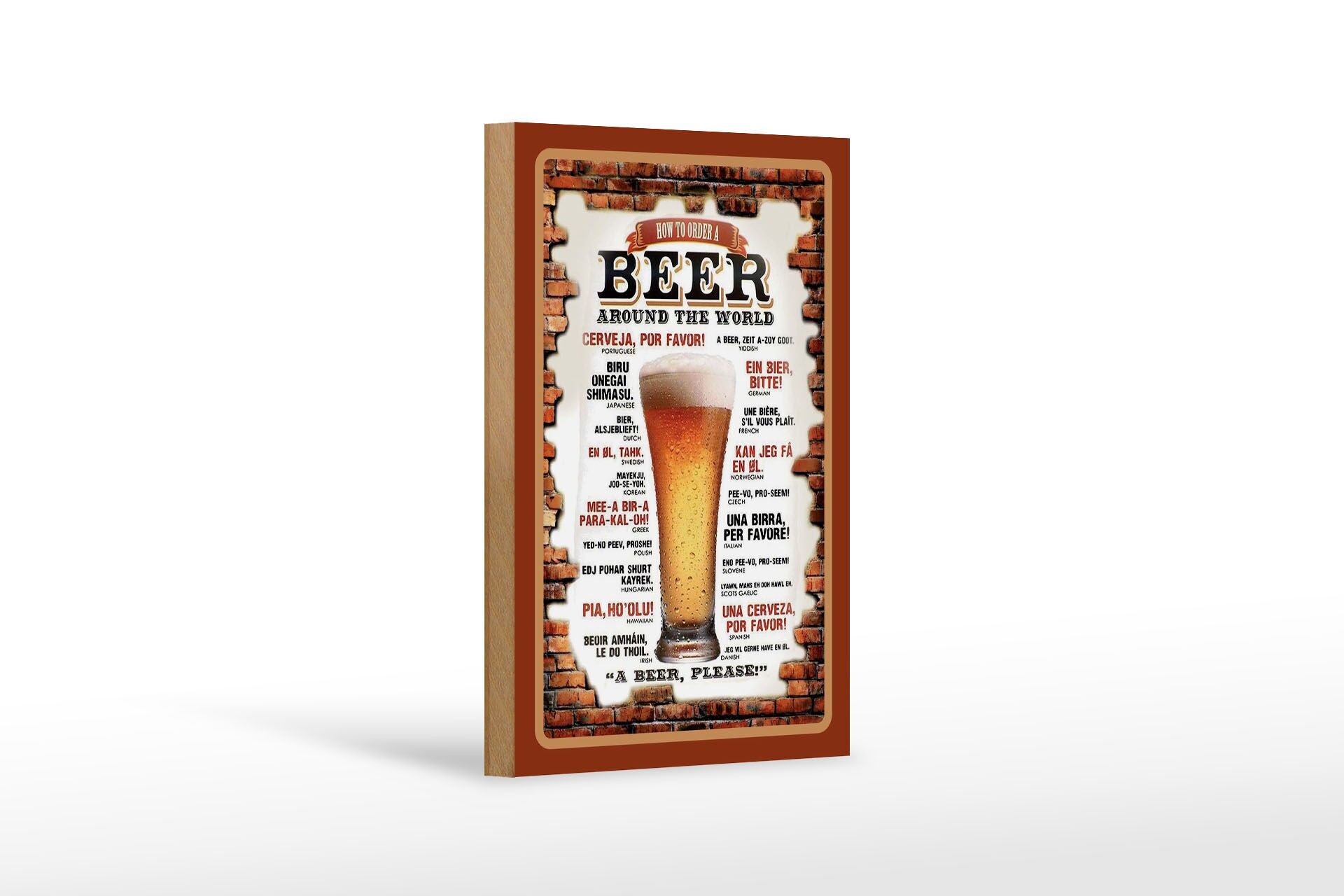 Panneau mural en bois « Alcool » 12 x 18 cm « Comment commander une bière à travers le monde »