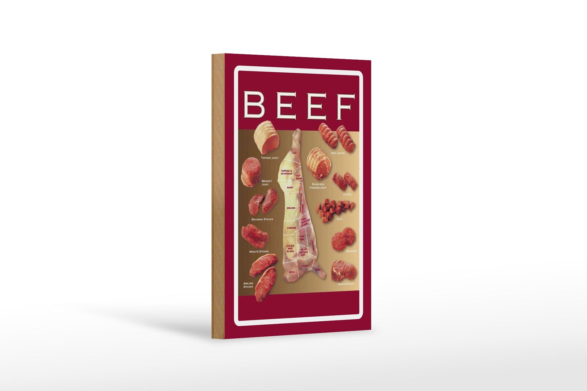 Wooden sign for butcher shop, 12x18 cm, beef cut, various pieces of meat.