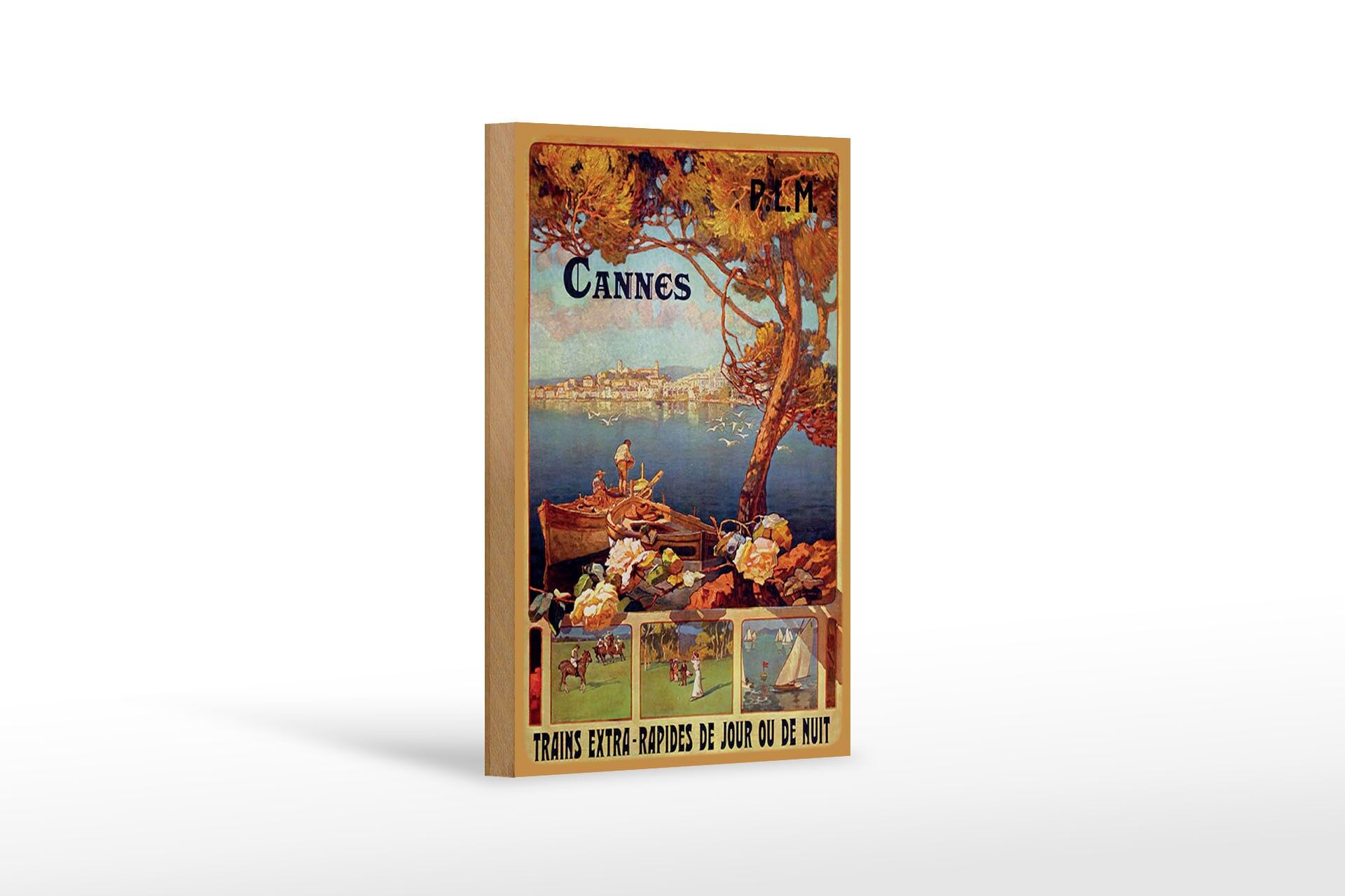 Panneau en bois voyage 12x18 cm Cannes France trains extra rapides de jour