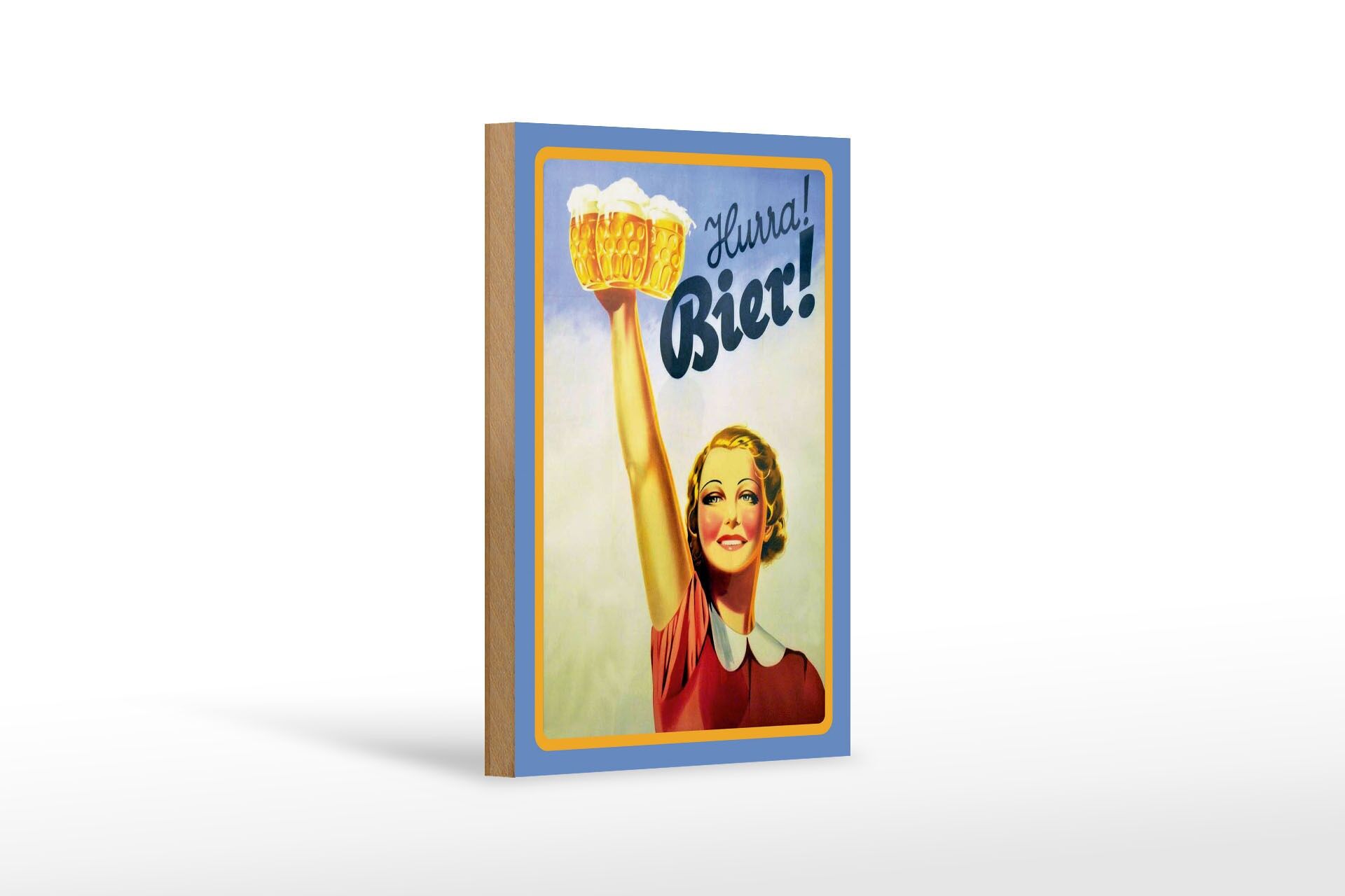Panneau en bois « Alcool » 12x18 cm, « Hourra pour la bière », femme avec des verres de bière dans le bras tendu