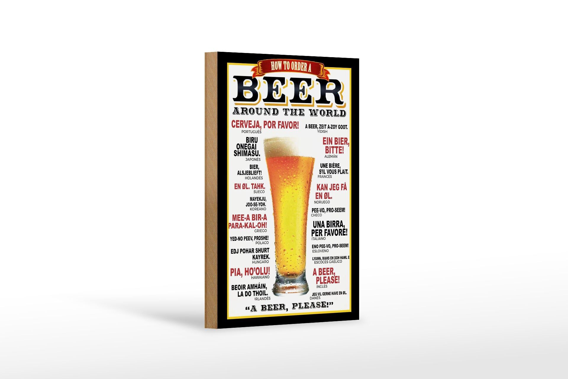 Panneau en bois alcool 12x18 cm Comment commander une bière dans le monde entier Une bière s'il vous plaît
