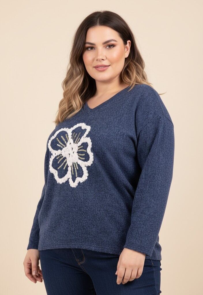 Suéter azul grueso de talla grande con estampado de flores (T21410)
