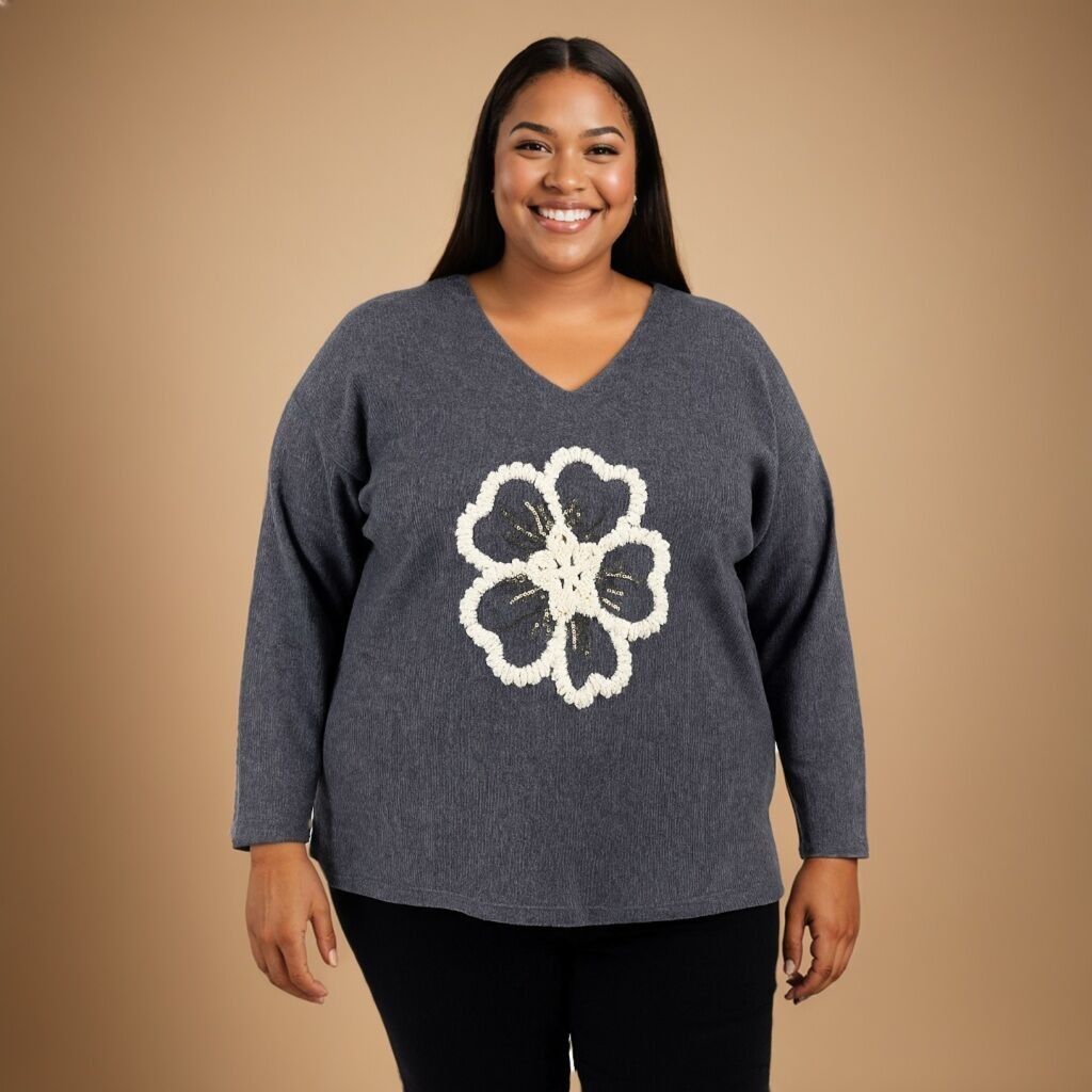 Suéter gris con estampado floral grueso de talla grande (T21410)