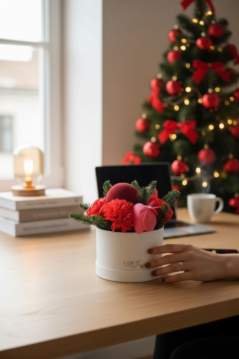 Composition en fleurs de savon boîte ronde (Velours d'hiver)