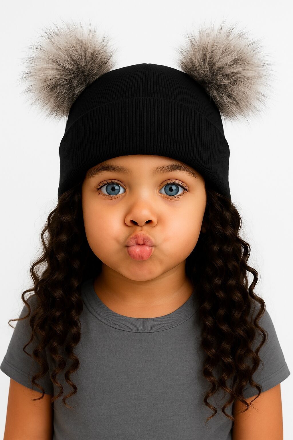 Schwarze Baby-/Kindermütze mit doppeltem Bommel, Neugeborene bis 8 Jahre, Unisex