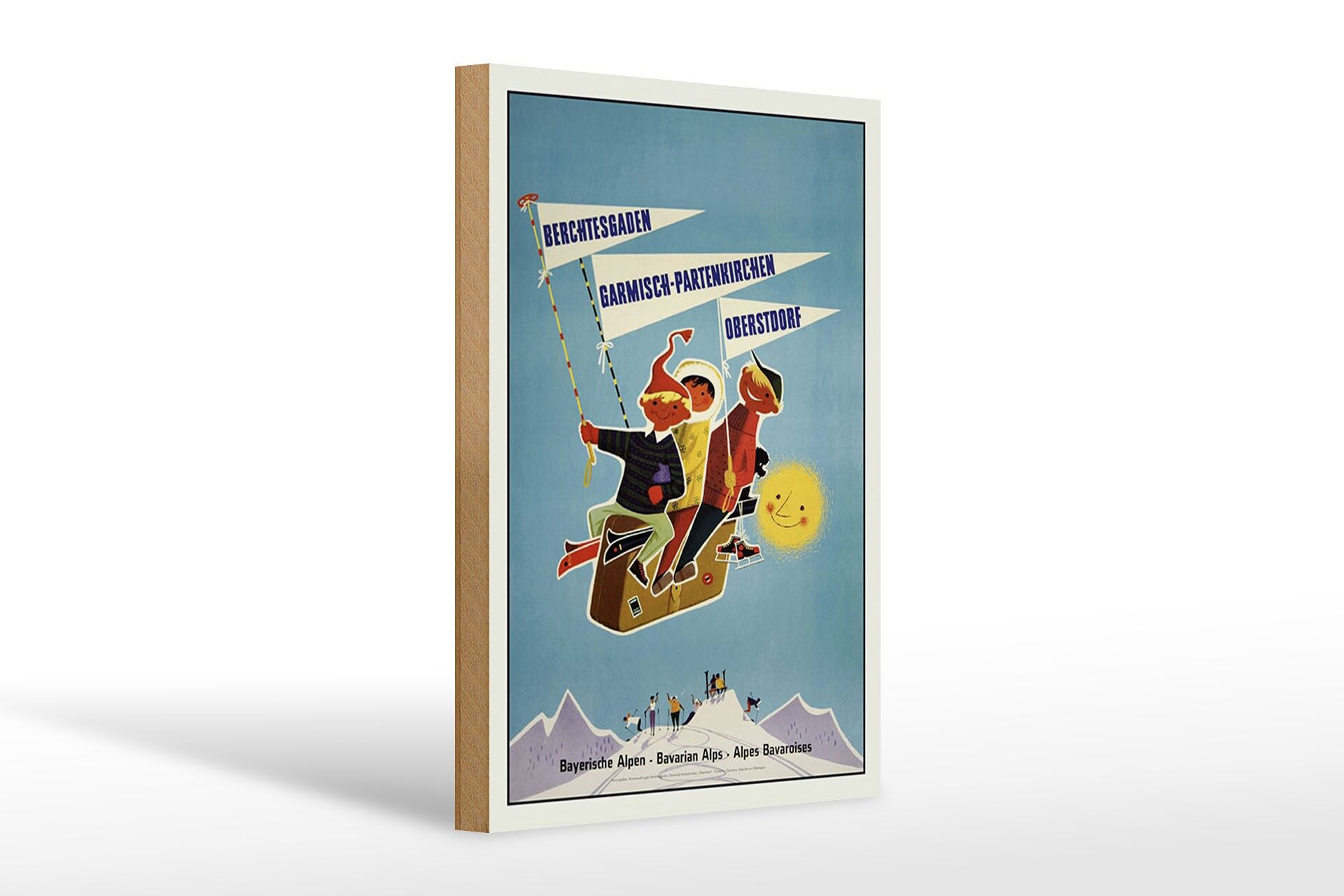 Panneau décoratif en bois pour les voyages, 20 x 30 cm, Alpes bavaroises, enfants sur des valises.