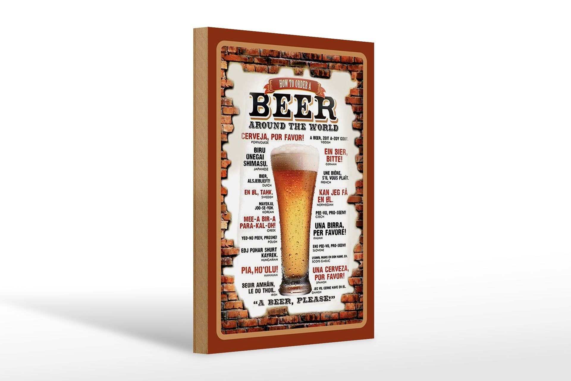 Panneau mural en bois « Alcool » 20x30 cm « Comment commander une bière à travers le monde »