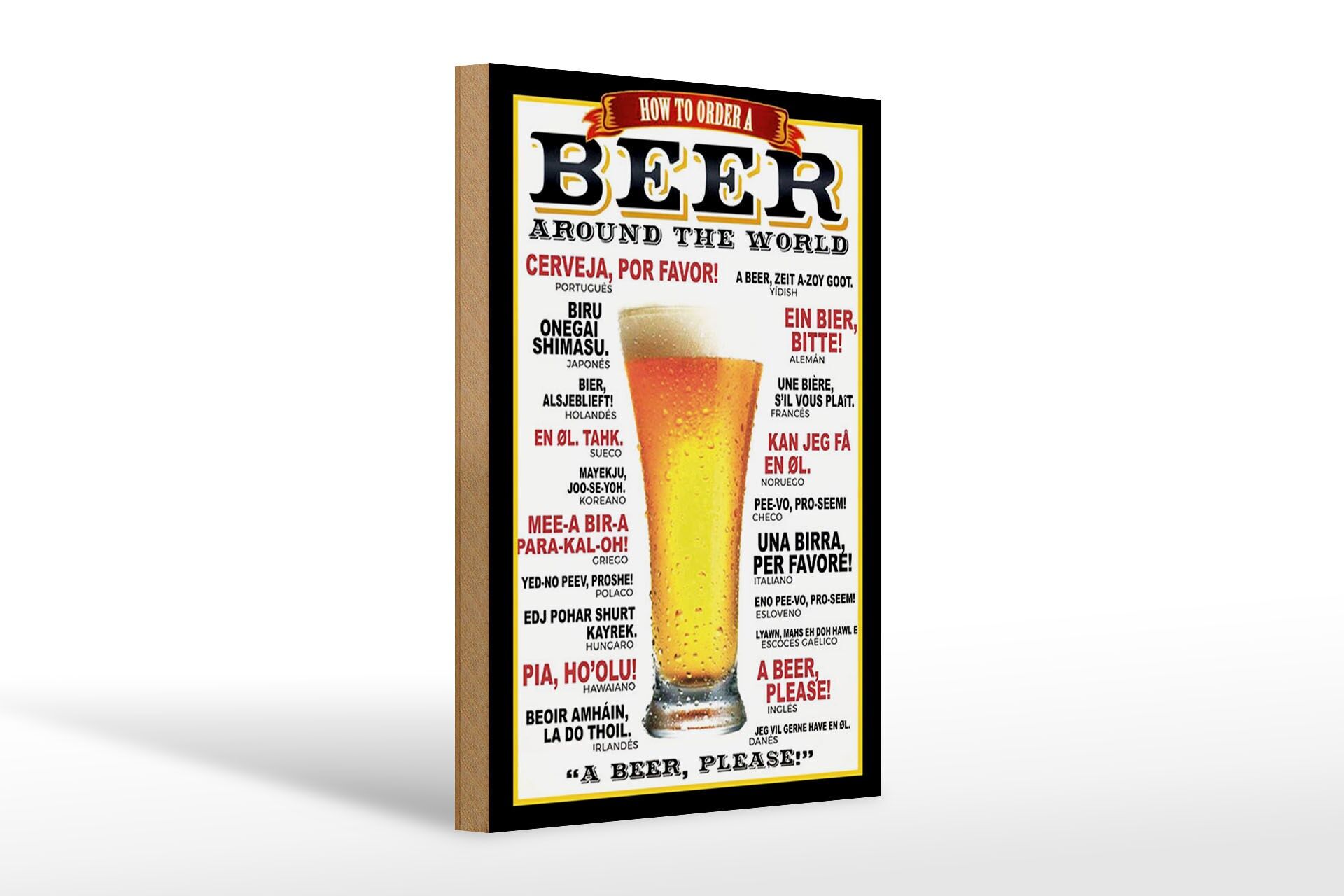 Panneau en bois alcool 20x30 cm Comment commander une bière dans le monde entier Une bière s'il vous plaît