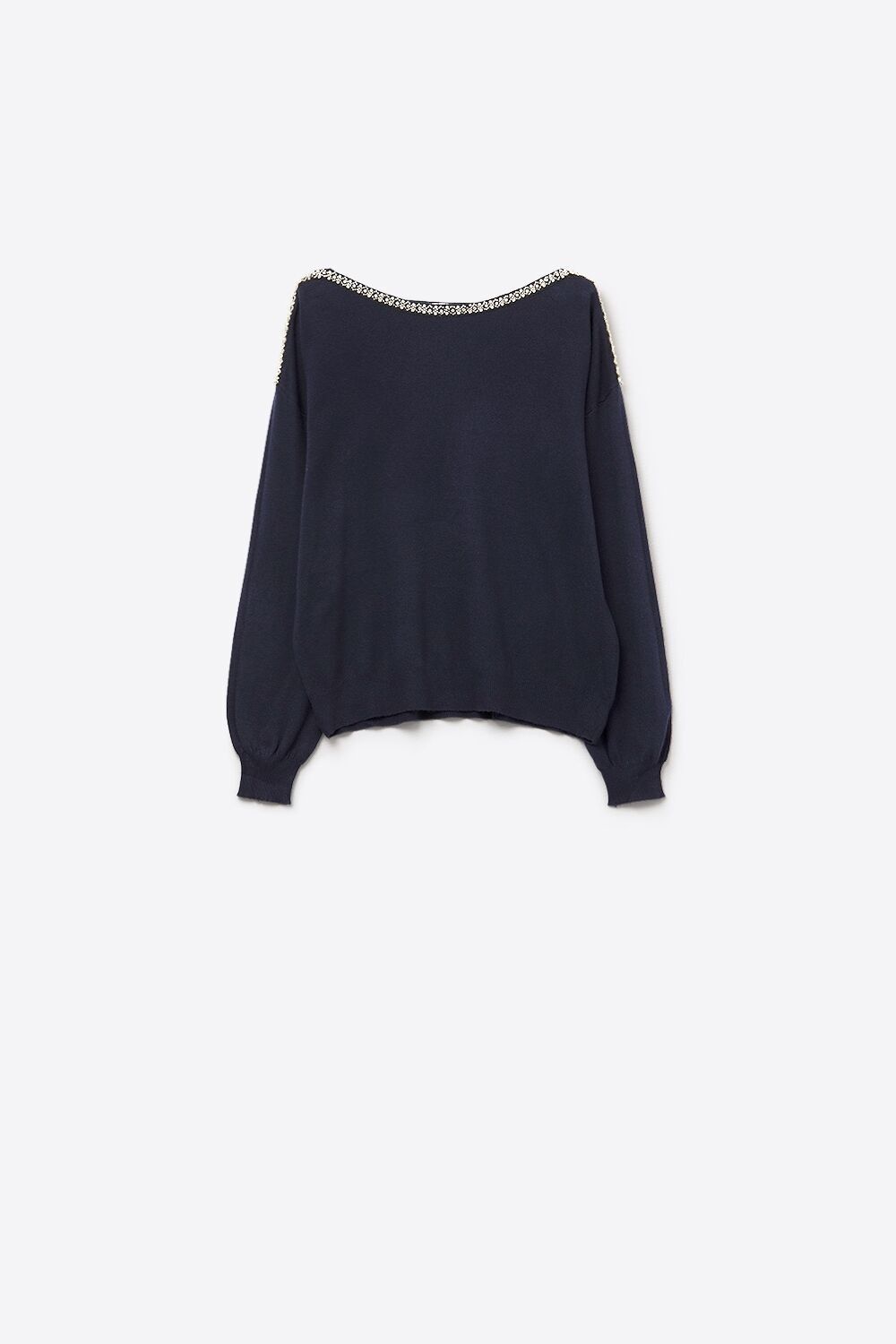 maglione blu navy in maglia fine con scollo a barca e dettagli in strass