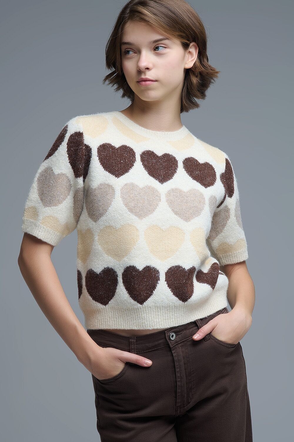 Maglione a maniche corte con stampa a cuore beige
