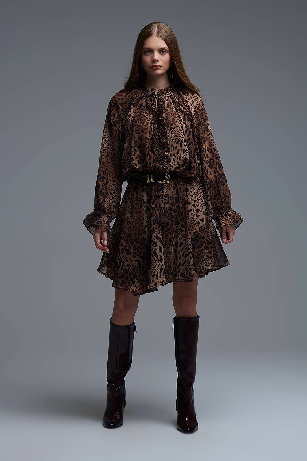 Mini-Chiffonkleid mit Leopardenmuster und Rüschendetails