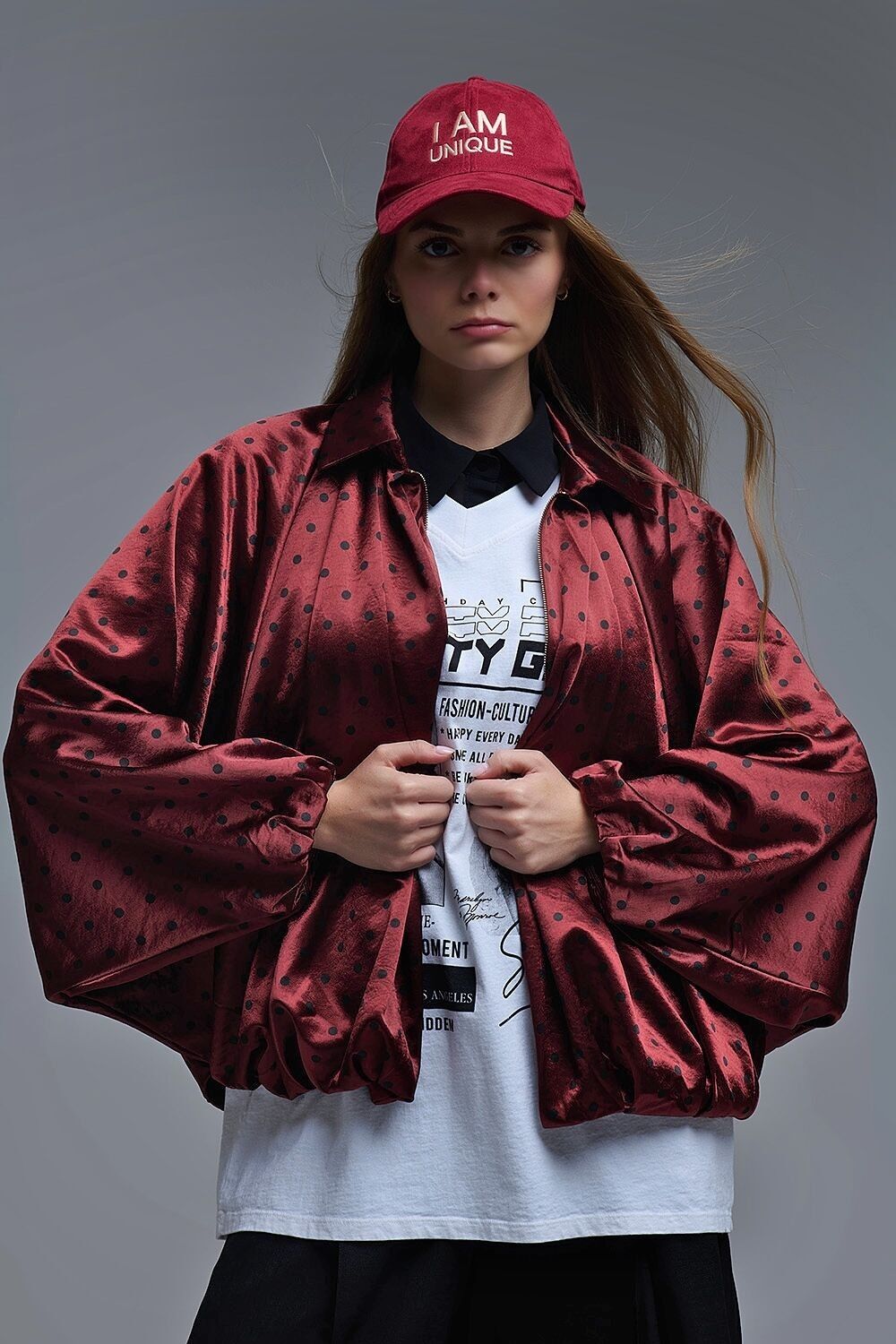 Giubbotto bomber in raso a pois bordeaux