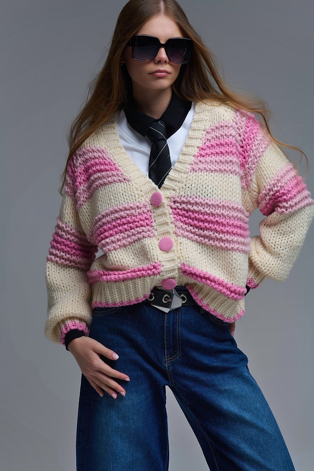 Cardigan in maglia grossa con scollo a V a righe rosa e crema