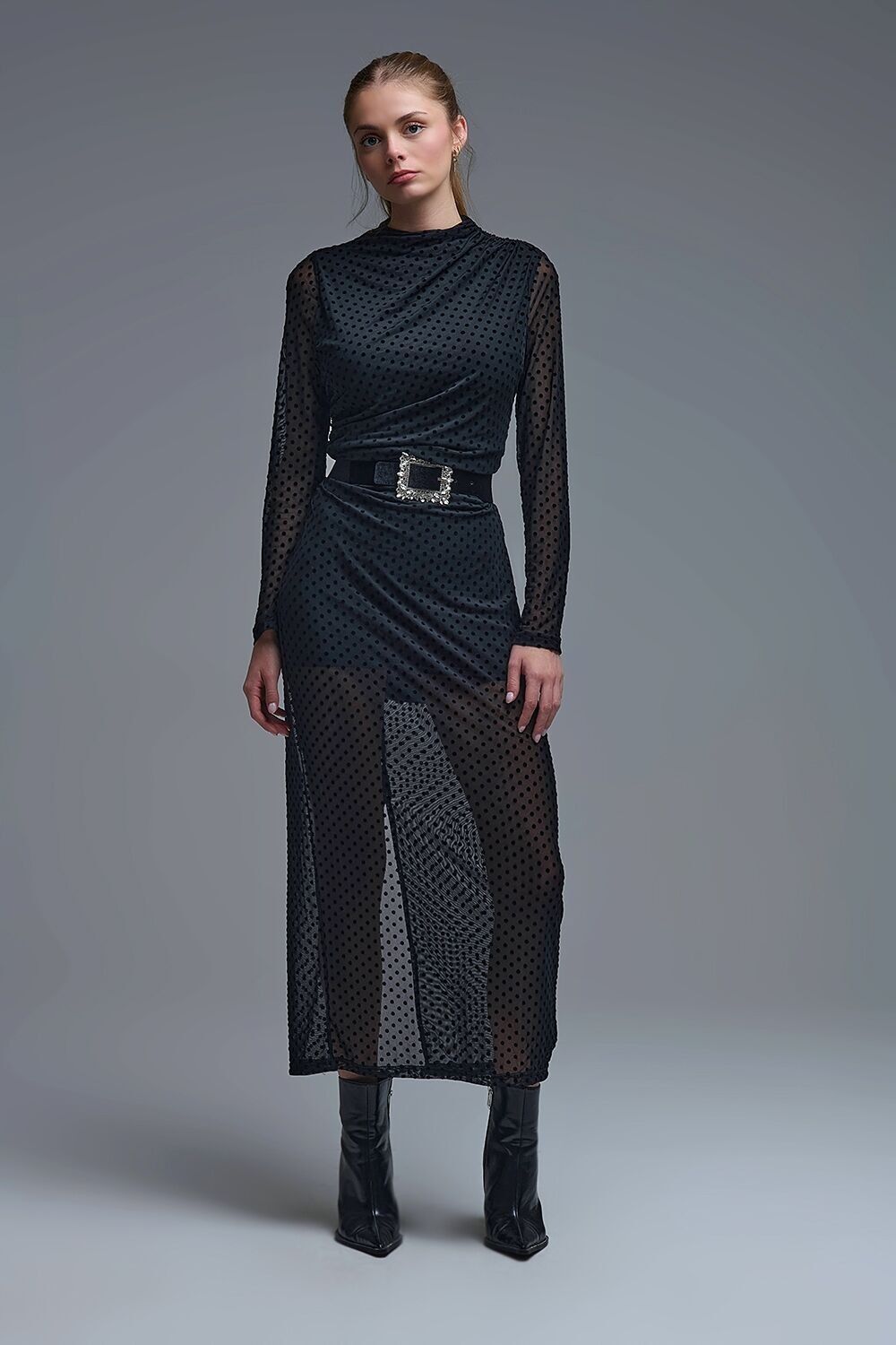 Elegantes schwarzes, transparentes Midikleid mit Polka-Dots