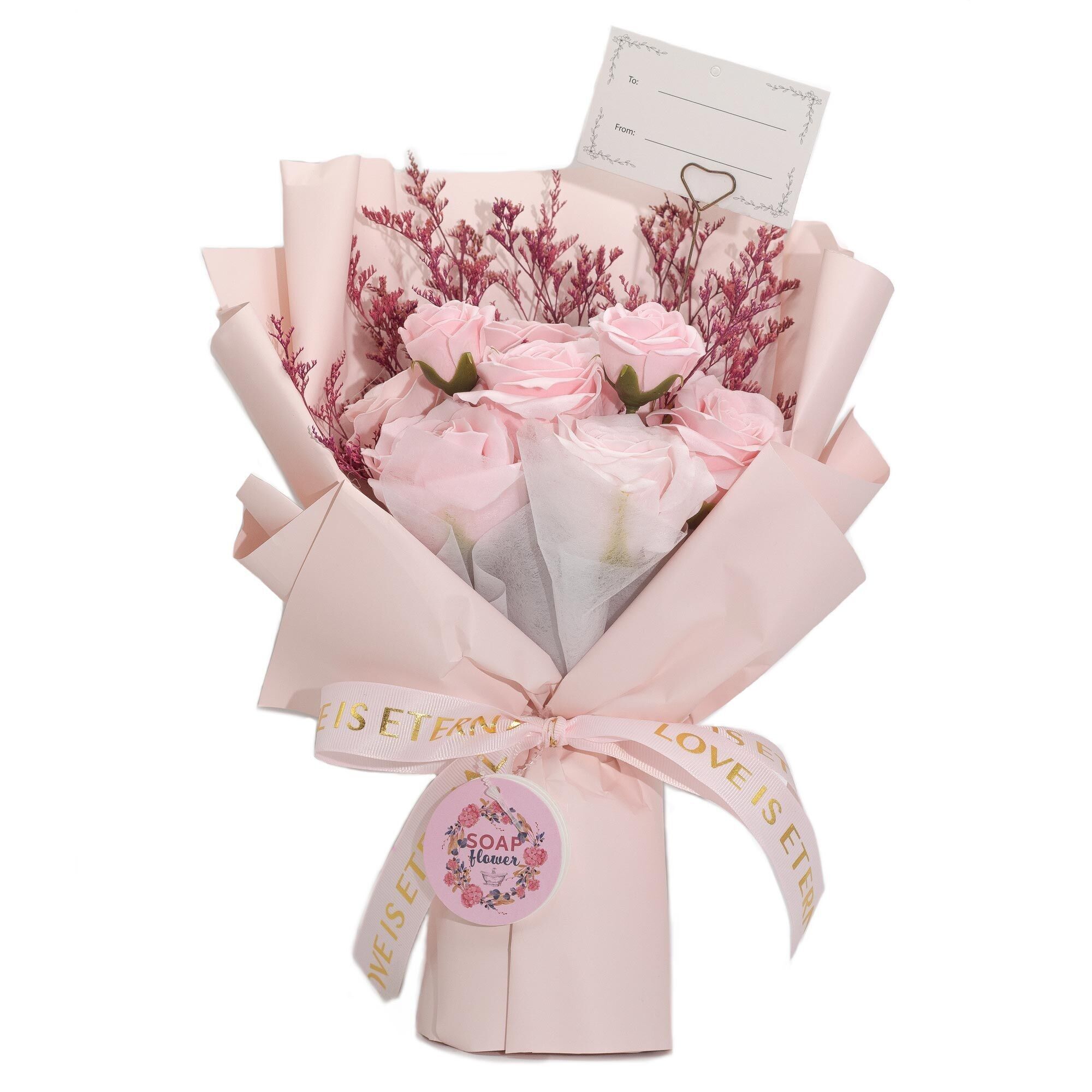 Großer Strauß rosa Rosen – Liebe ist ewig – Geschenkkarte