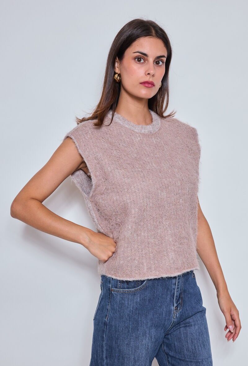 Maglione senza maniche con pizzo tono su tono