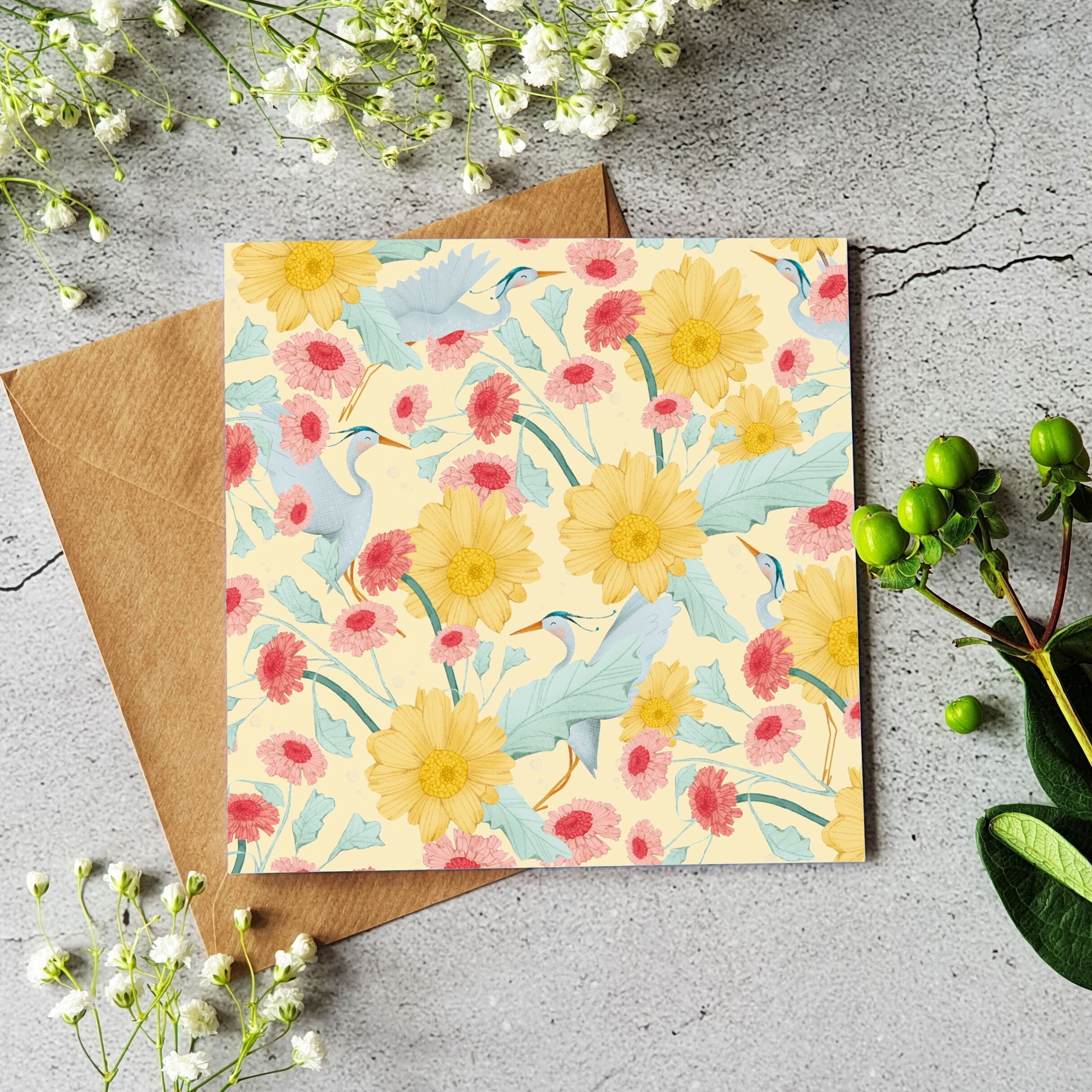 Pájaros y Flores - Tarjeta Estampada