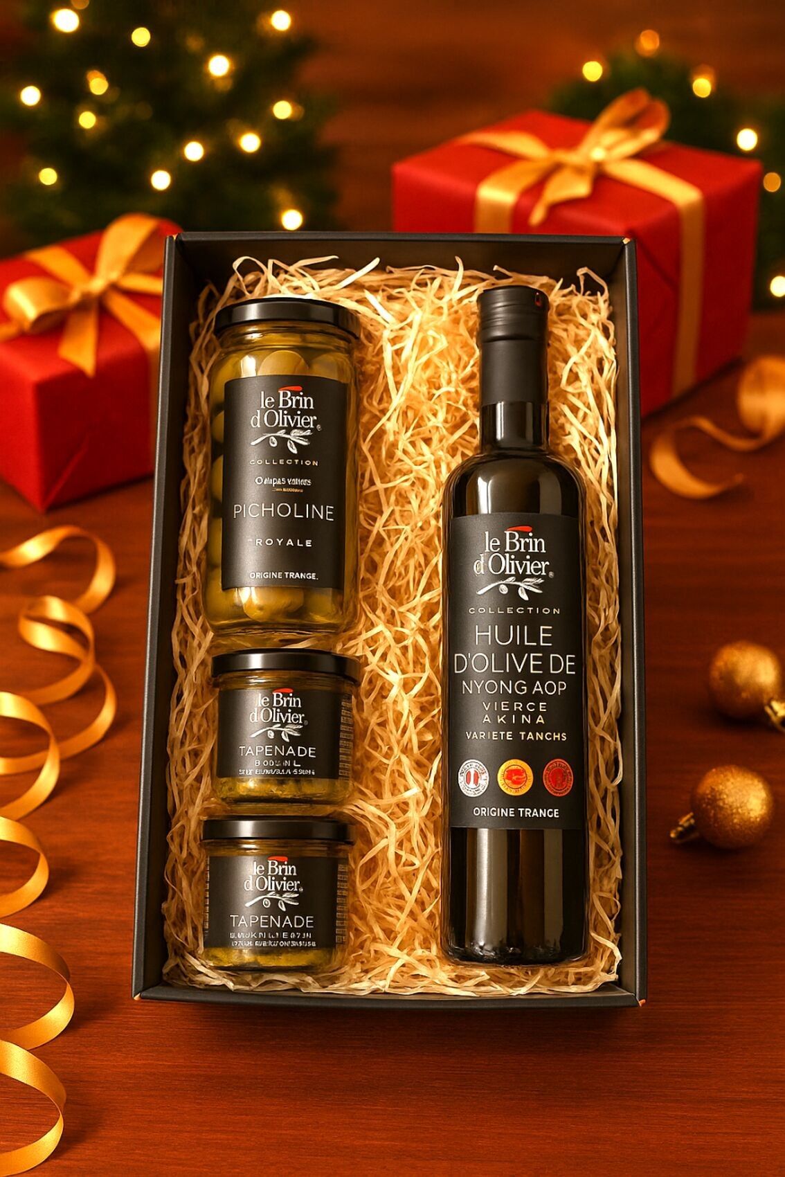 COFFRET FESTIF - CADEAU NOEL - Assortiment Huile, olives et tapenades