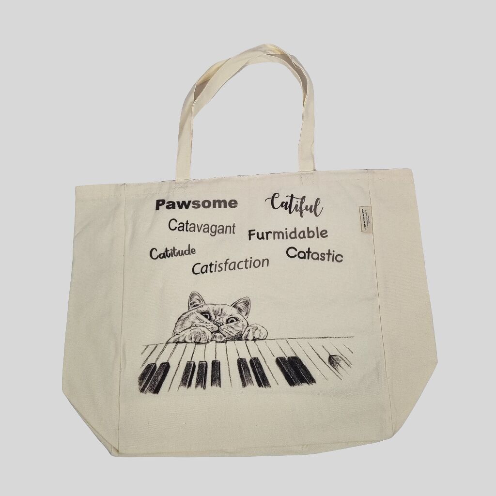 Sac cabas en coton imprimé - Chat jouant du piano