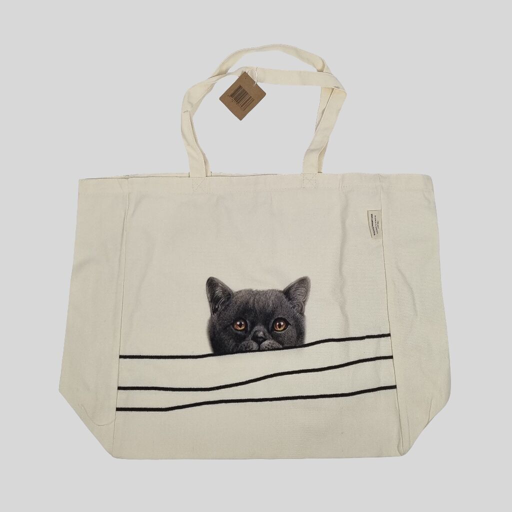 Sac cabas en coton imprimé - Chat regardant autour