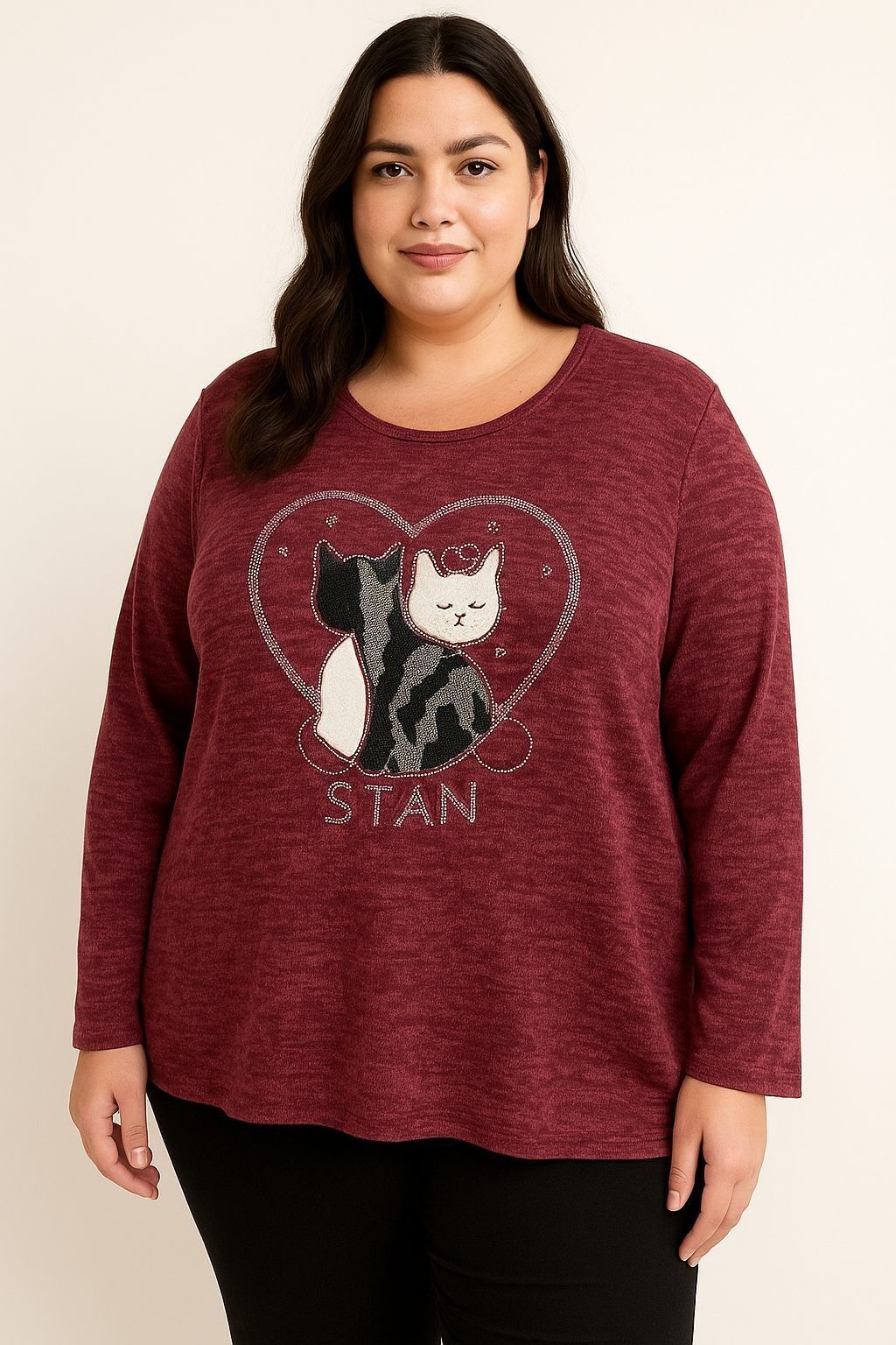 Suéter rojo con estampado de gato, talla grande (T9818A)