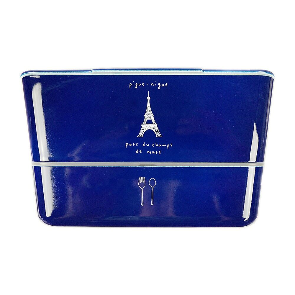 The Balade à Paris Bleu (Navy) bento box, a lunch box made in Japan with a...Two independent compartments and a spoon - Paris Stroll collection / TAKENAKA