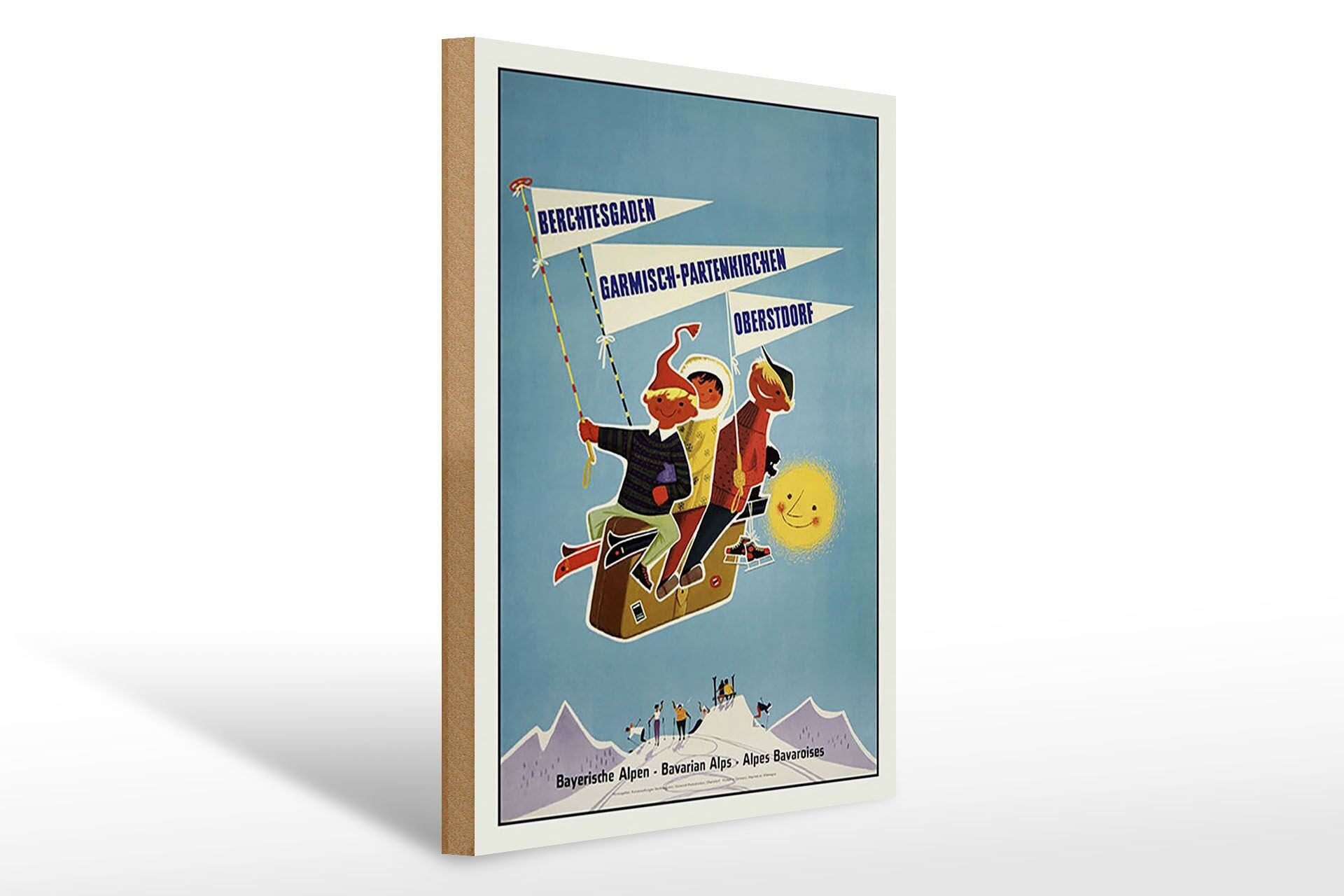 Panneau en bois décoratif sur le thème du voyage, 30 x 40 cm, Alpes bavaroises, enfants sur des valises.