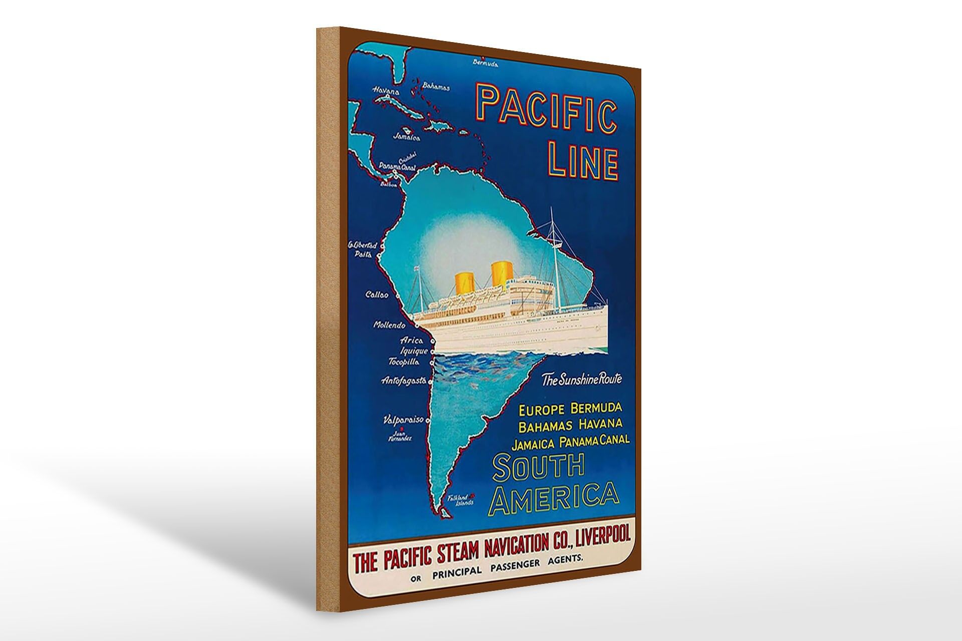 Holzschild Reise 30x40 cm Pacific Line Schiff Europe Bermuda Bahamas Schild