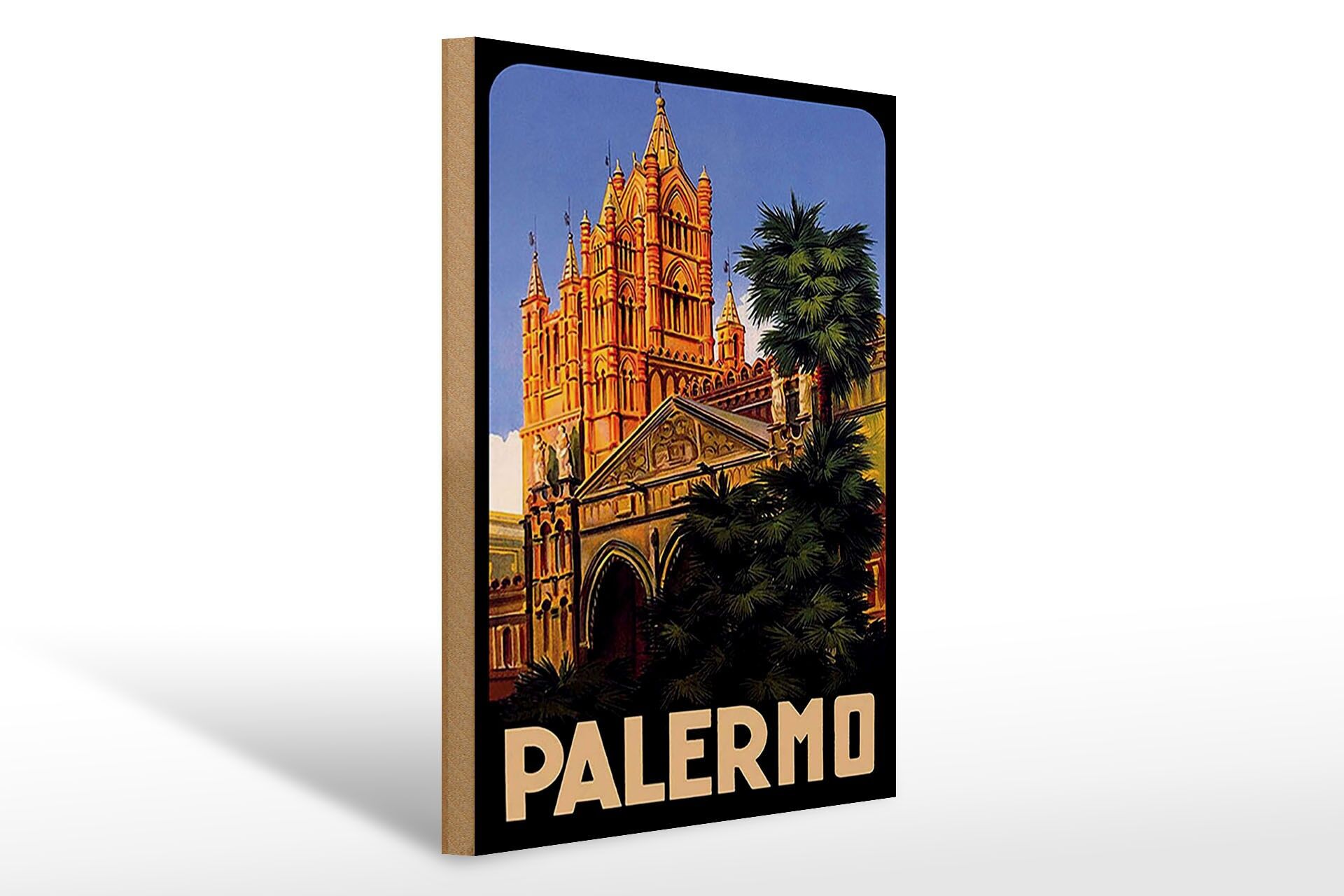 Holzschild Reise 30x40 cm Palermo Palmen Kathedrale Deko Schild