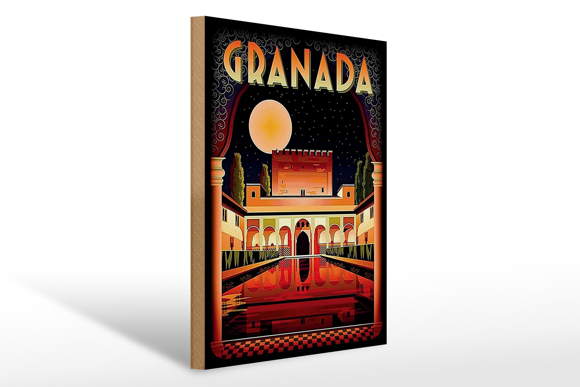 Holzschild Reise 30x40 cm Granada Spanien bei Nacht Deko Schild