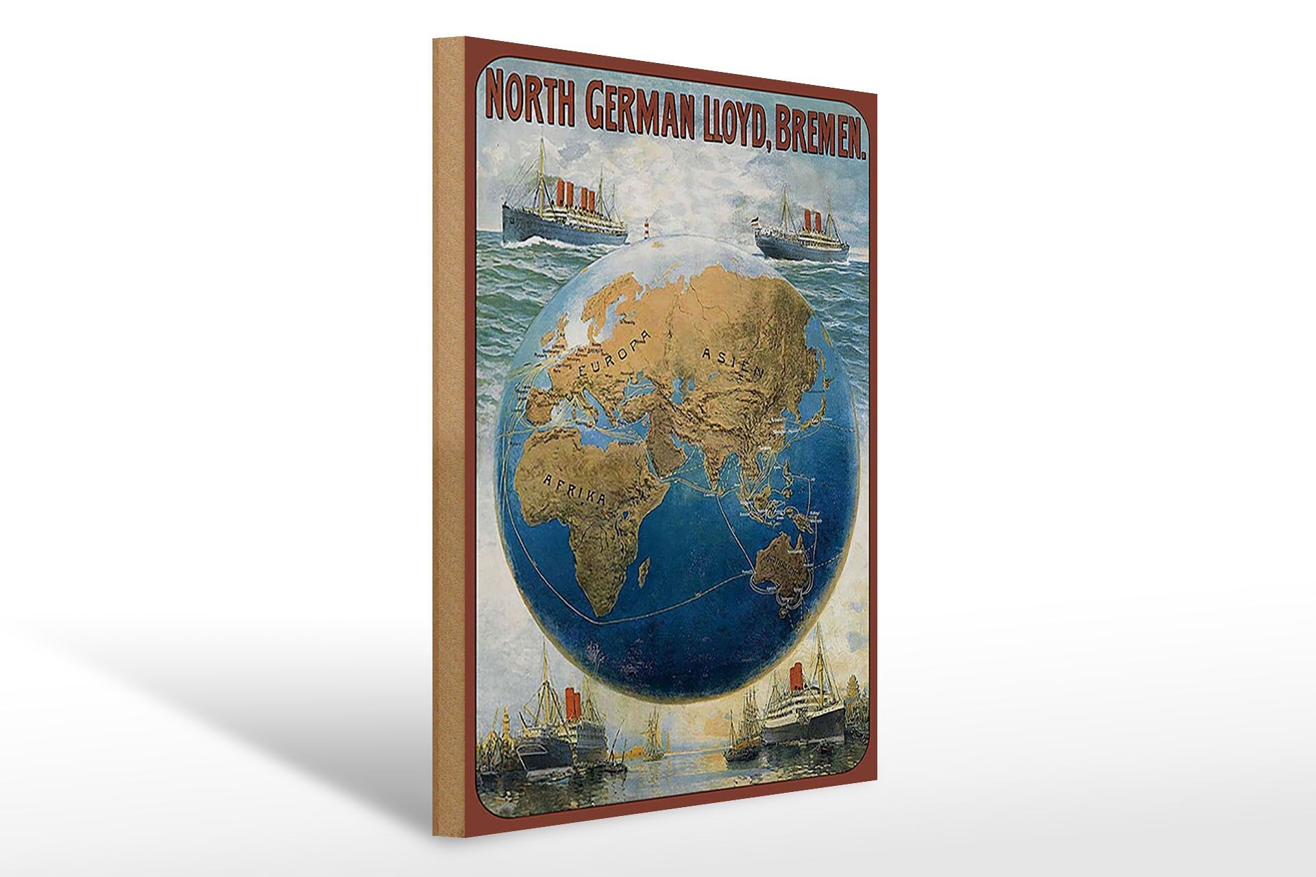 Holzschild Reise 30x40 cm North German Lloyd Bremen Weltkugel Schiffe Schild