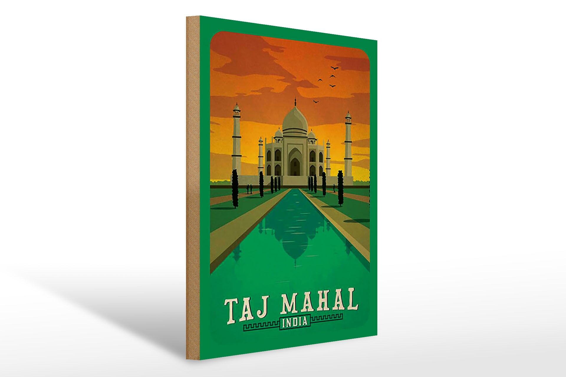 Holzschild Reise 30x40 cm Taj Mahal Indien Wasser Deko Schild