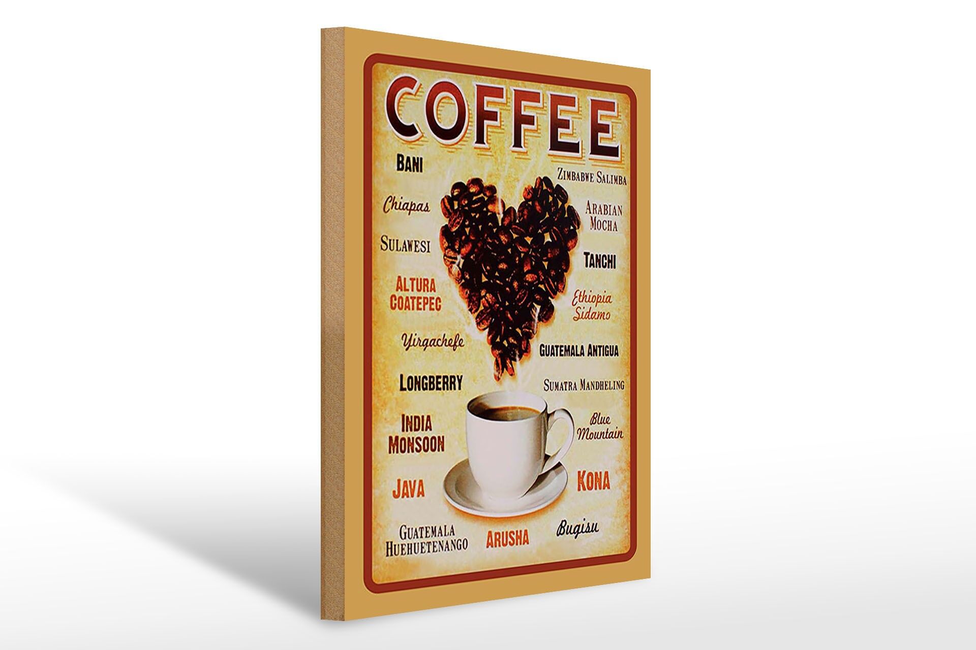 Holzschild Kaffee 30x40 cm Kaffesorten Herz aus Kaffeebohnen Deko Schild