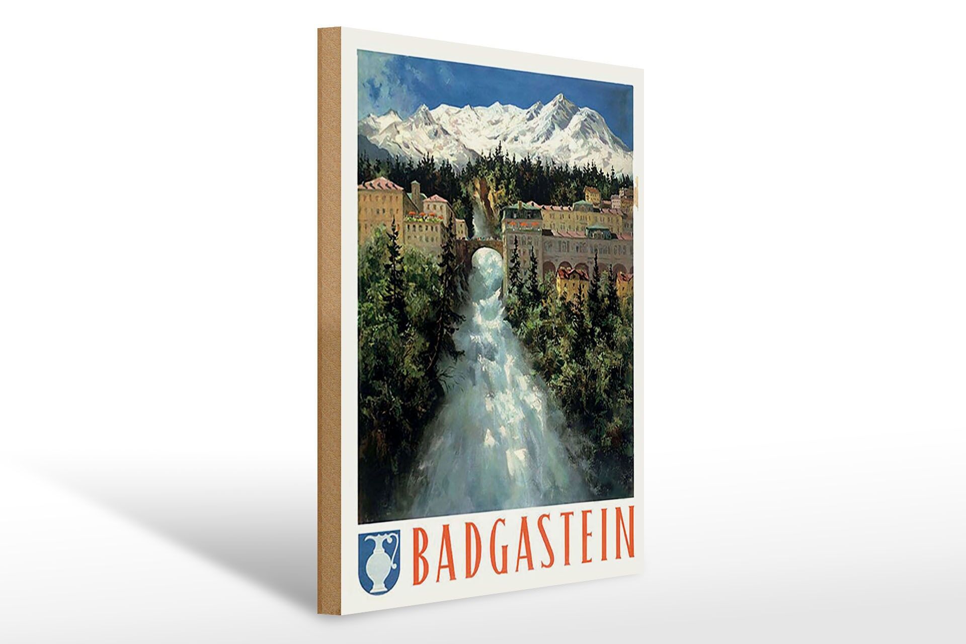 Holzschild Reise 30x40 cm Bad Gastein Wasserfall Berge Deko Schild