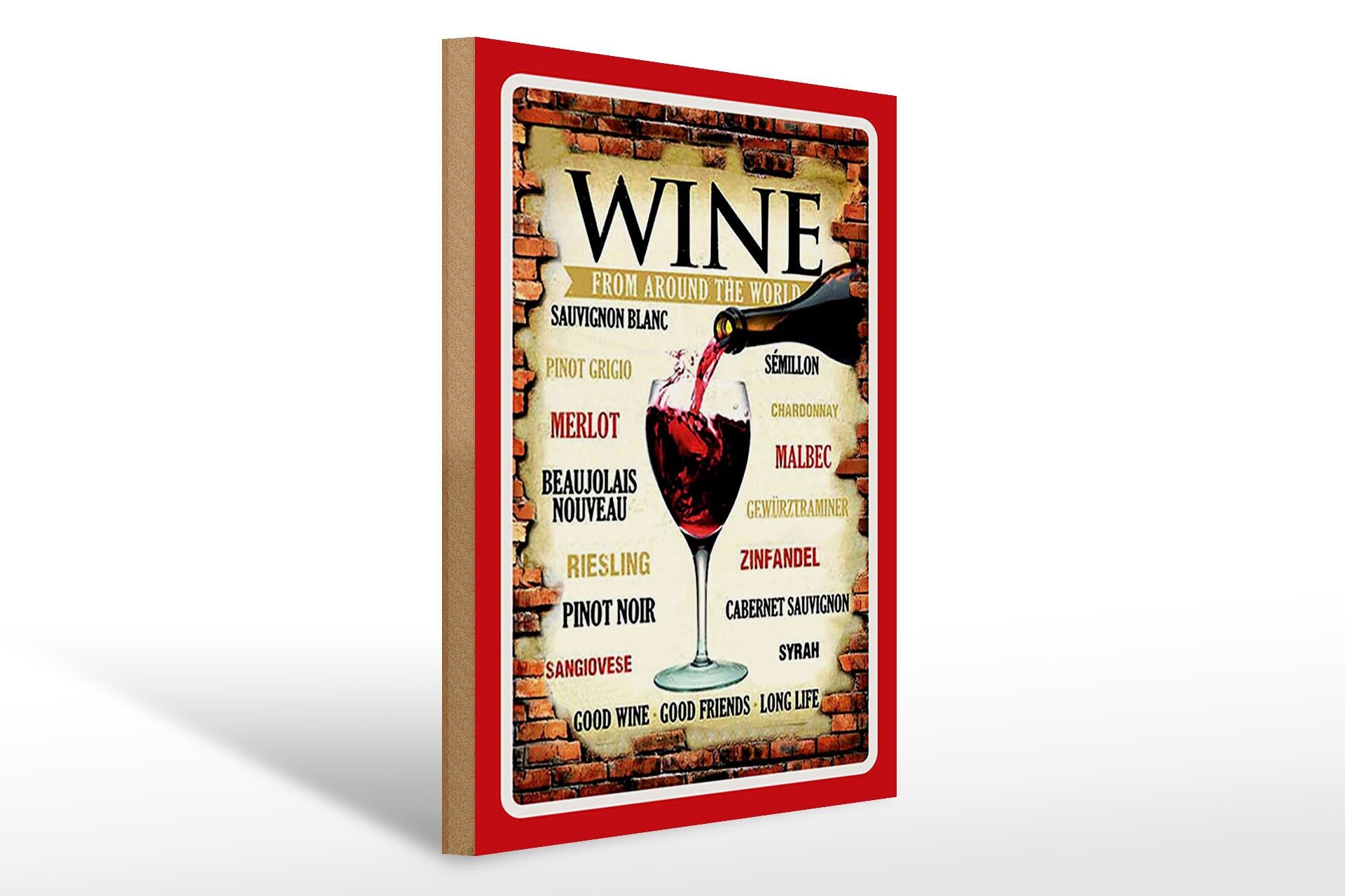 Holzschild Alkohol 30x40 cm wine from around the world roter Rand Deko Schild