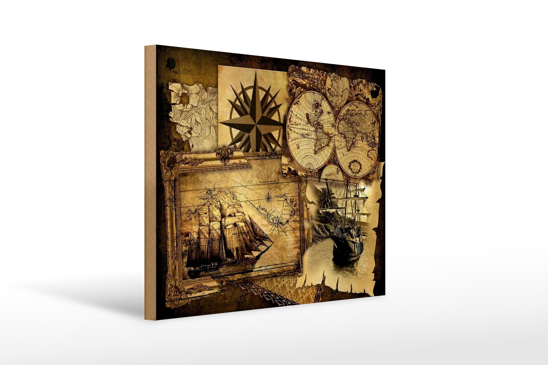 Holzschild Retro 30x40 cm Landkarte Schiffe Kompassstern Deko Schild
