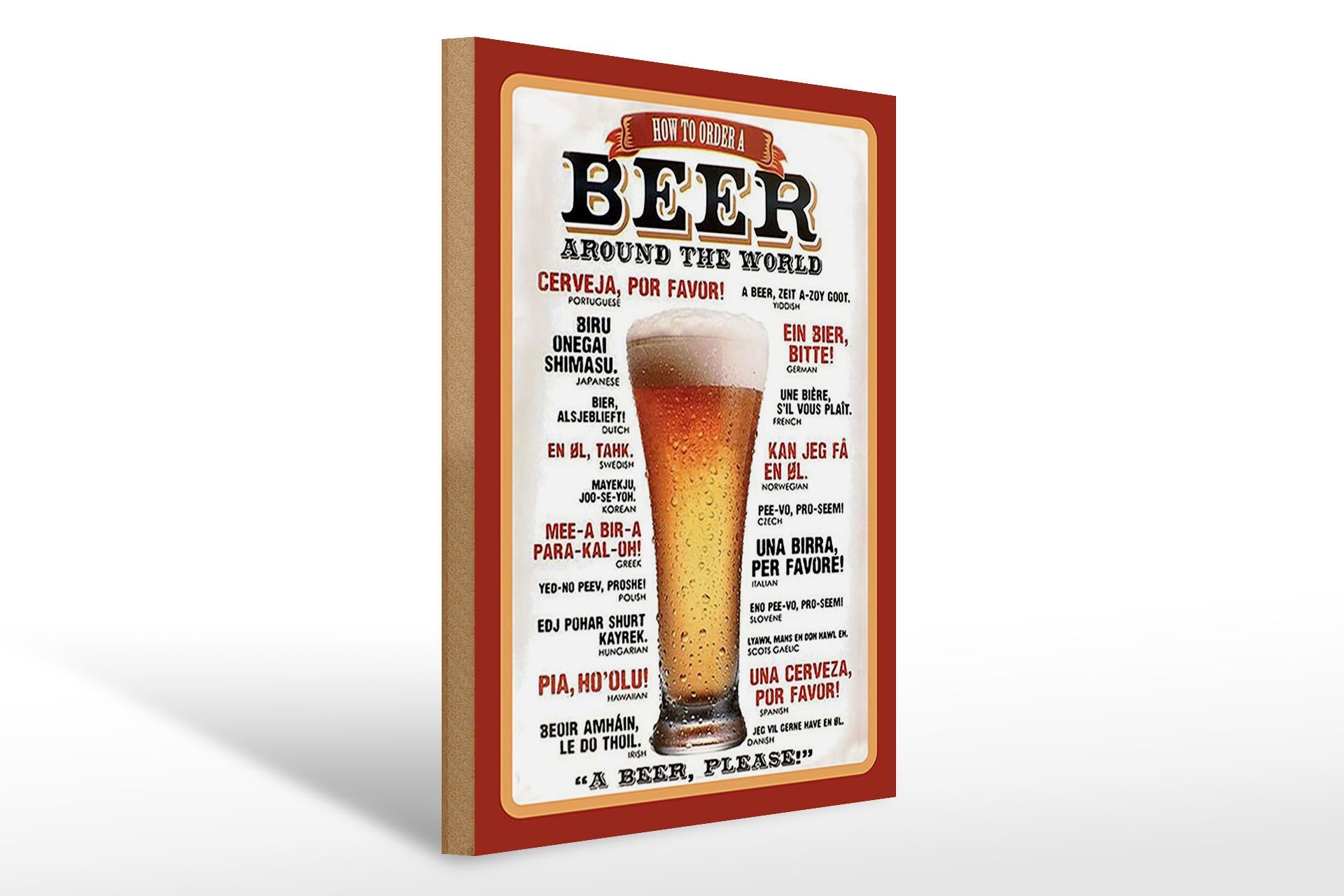 Panneau décoratif en bois « Alcool » 30x40 cm : Comment commander une bière à travers le monde