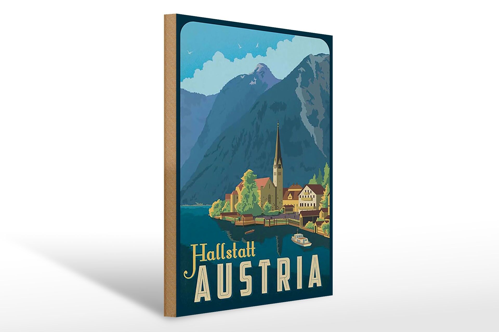 Cartello in legno per viaggi, 30x40 cm, Hallstatt, Austria, lago, montagne, chiesa, cartello decorativo