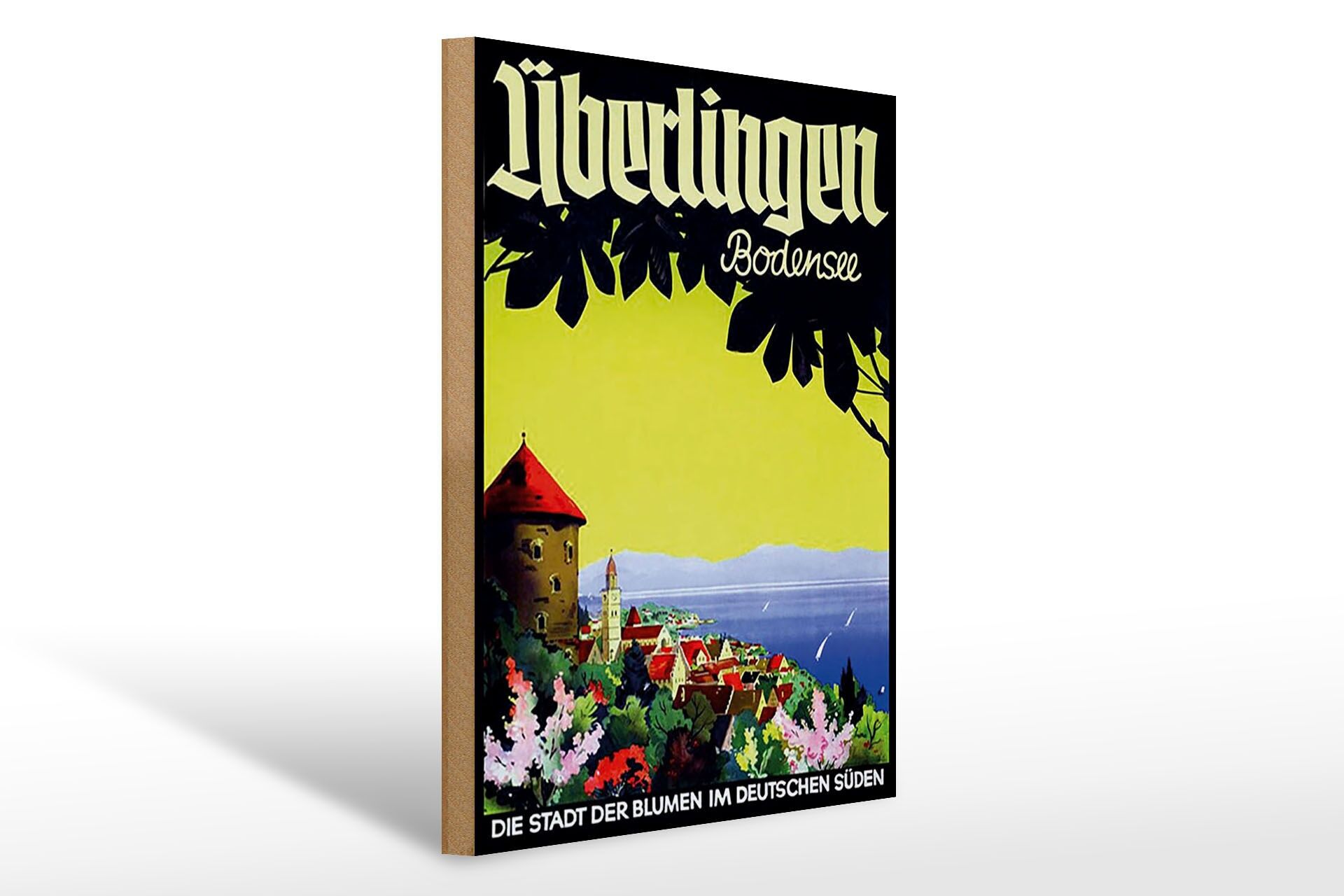 Cartello di viaggio in legno, 30x40 cm, Überlingen, Lago di Costanza, la città dei fiori.