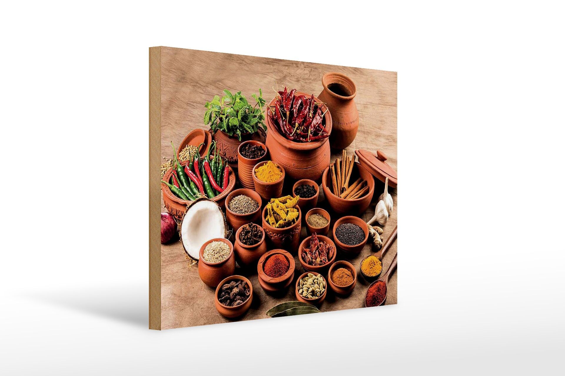 Insegna in legno retrò, 30x40 cm, raffigurante spezie in ciotole e vasi di terracotta. Insegna decorativa.