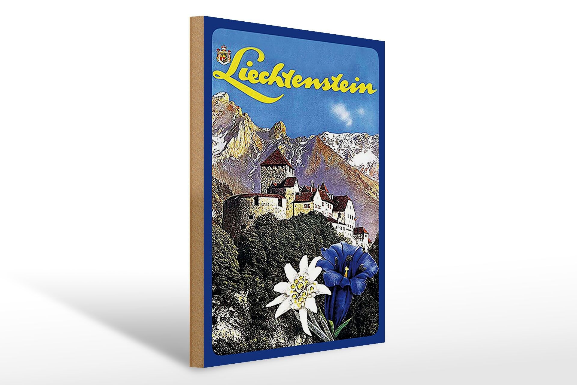 Cartello in legno per viaggi, 30x40 cm, Castello del Liechtenstein, cartello con decorazione floreale
