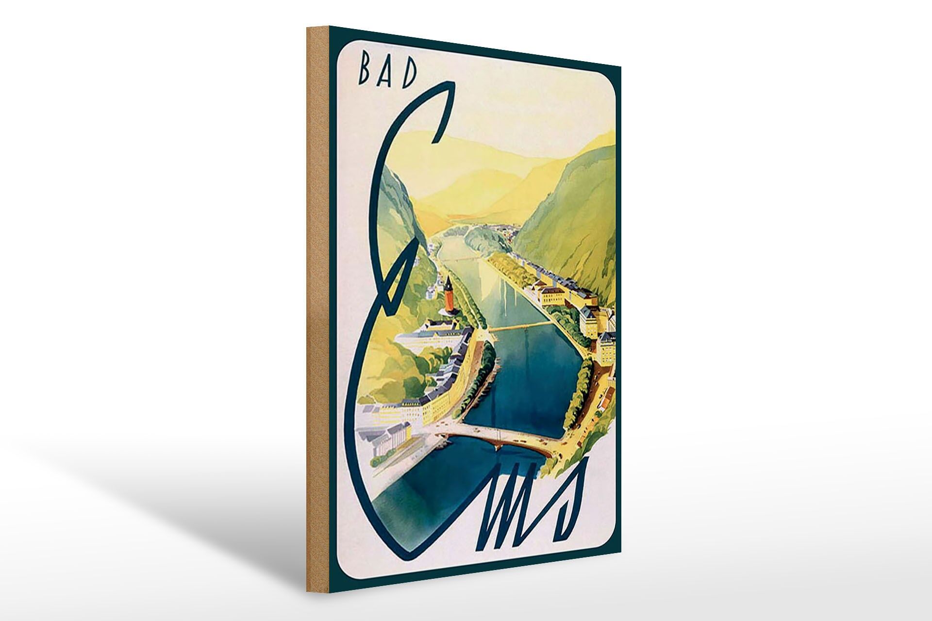 Holzschild Reise 30x40 cm Bad Ems Fluss Berge Deko Schild