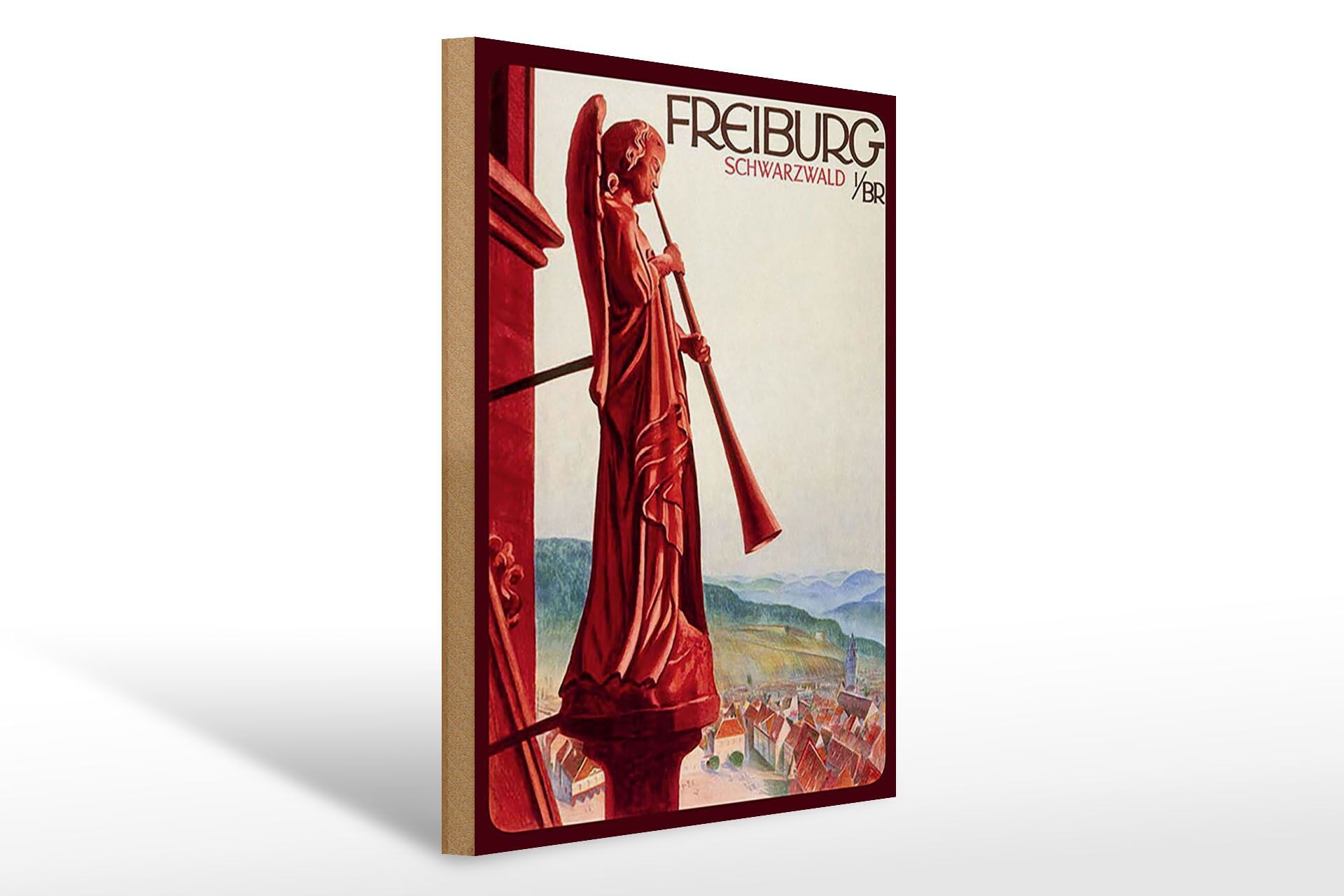 Holzschild Reise 30x40 cm Freiburg Schwarzwald Engelsfigur Deko Schild