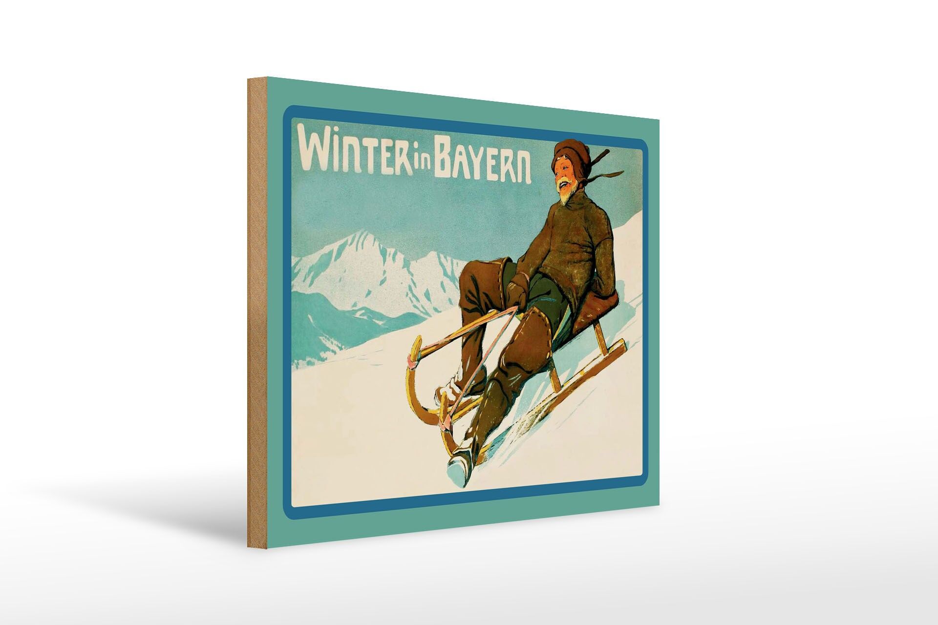 Holzschild Reise 30x40 cm Winter in Bayern Mann auf Schlitten Deko Schild