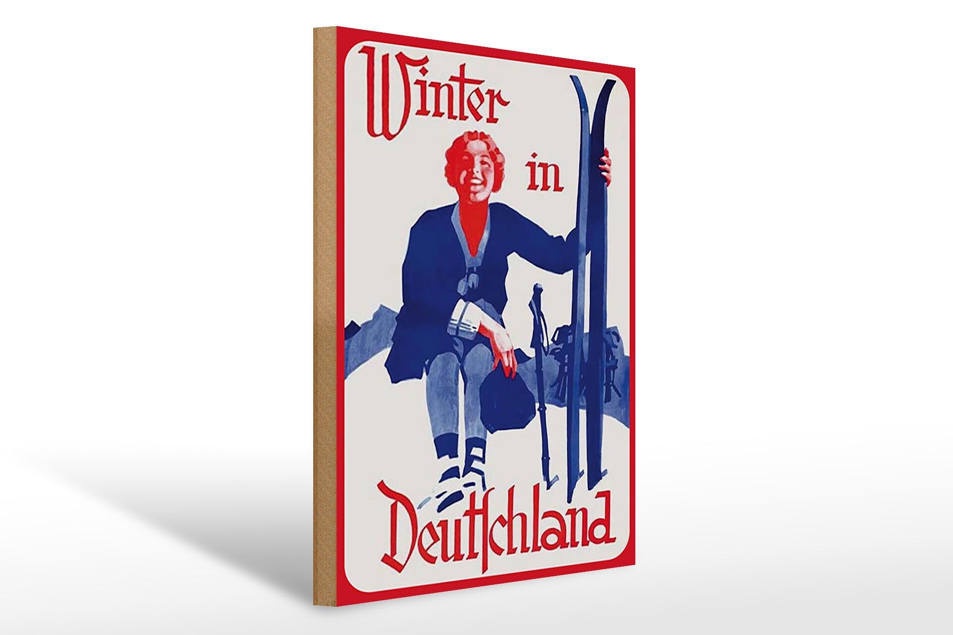 Holzschild Reise 30x40 cm Winter in Deutschland Frau mit Ski Deko Schild