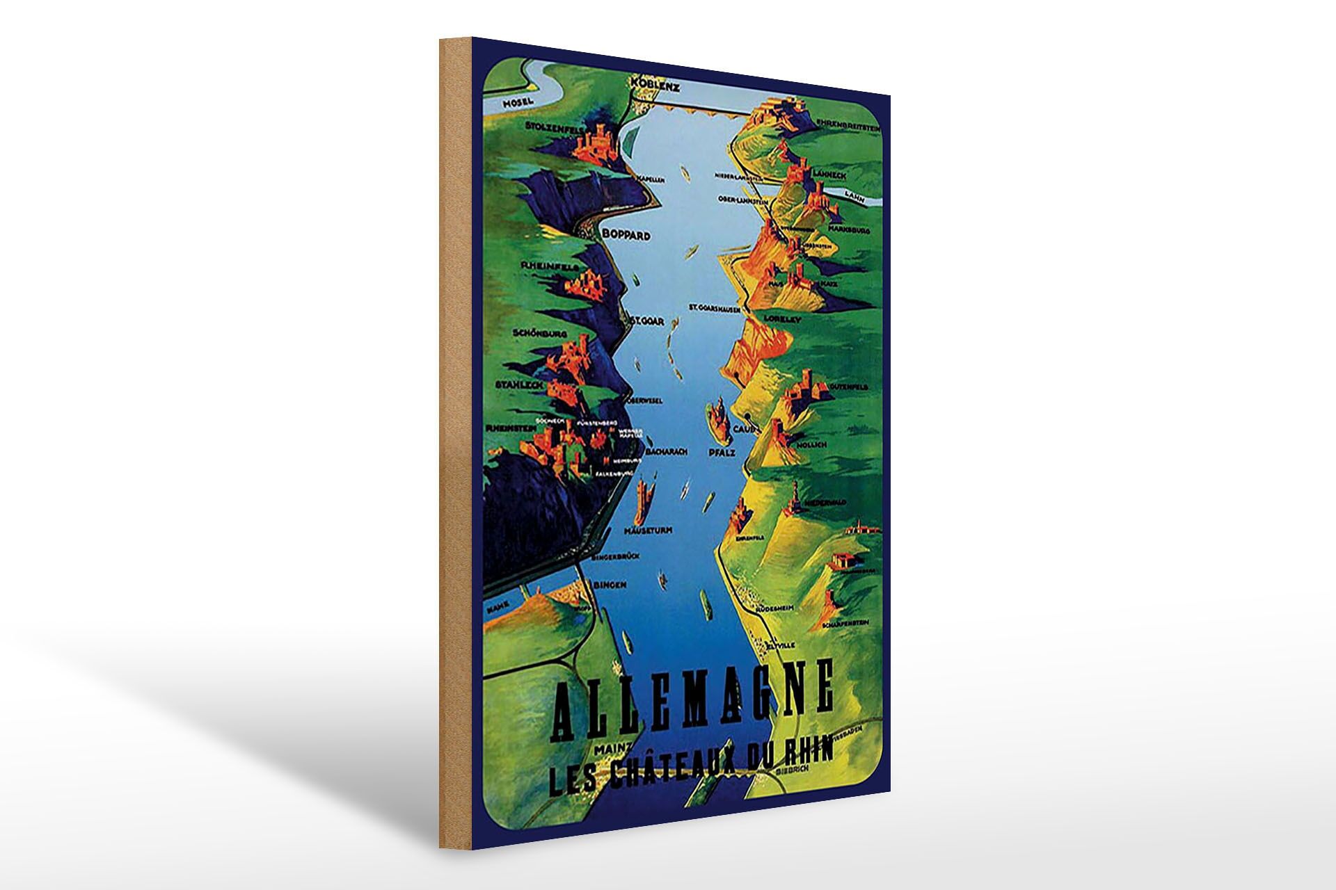 Holzschild Reise 30x40 cm Allemagne Les Chateaux du Rhin Deko Schild
