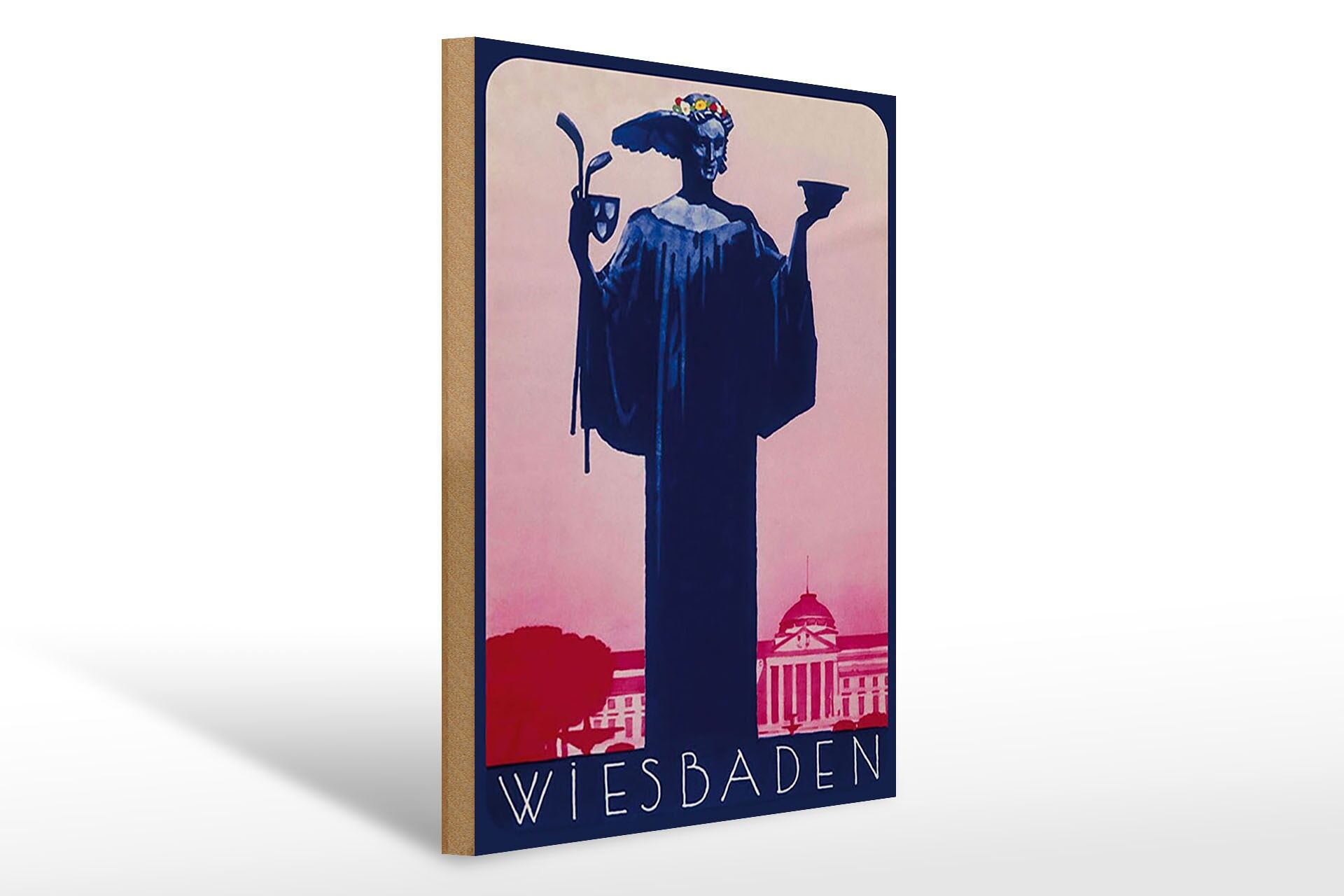 Holzschild Reise 30x40 cm Wiesbaden Deutschland Frauen Statue Deko Schild