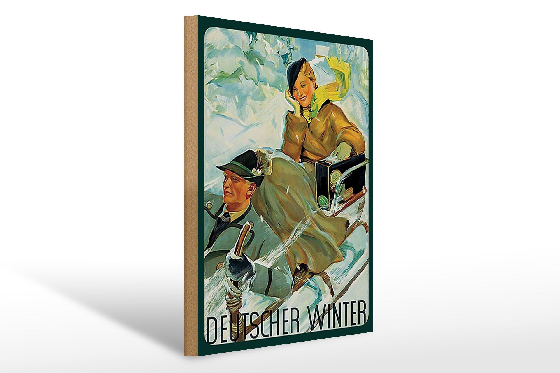 Holzschild Reise 30x40 cm Deutscher Winter Pärchen auf Schlitten Deko Schild