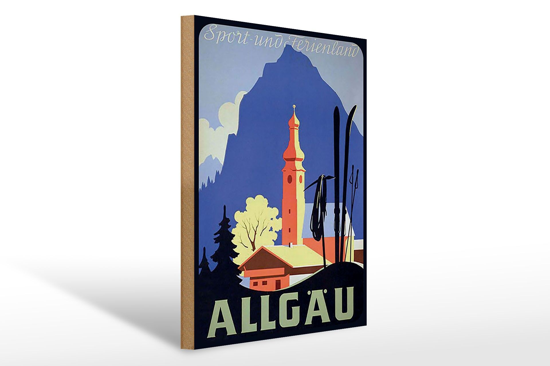 Holzschild Reise 30x40 cm Sport und Ferienland Allgäu Kirche Berg Deko Schild