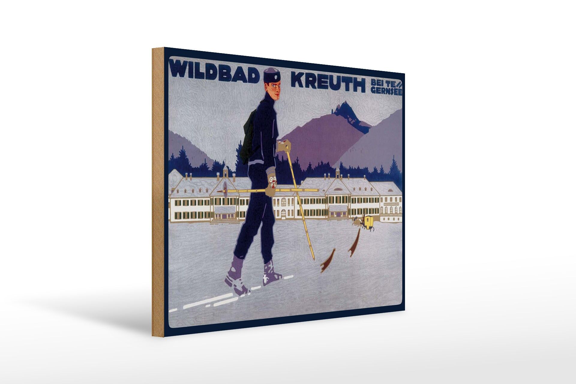Holzschild Reise 30x40 cm Wildbad Kreuth Mann auf Ski Schnee Deko Schild